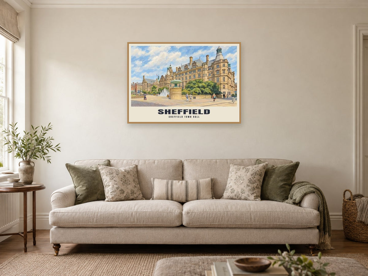 Sheffield Town Hall Poster at A1, in an oak frame, in a sitting room