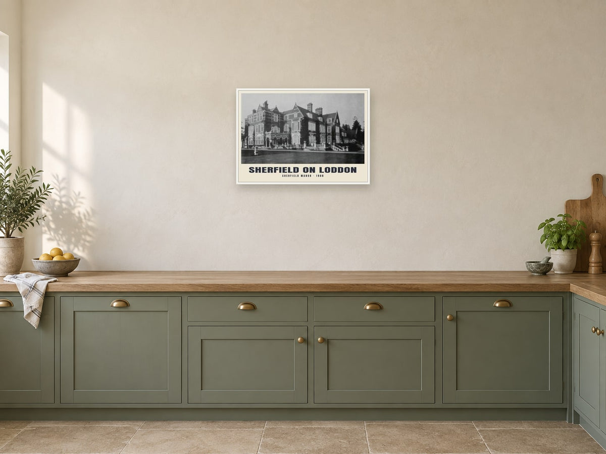 Sherfield Manor, Sherfield on Loddon Poster at A2, in a white frame, in a kitchen