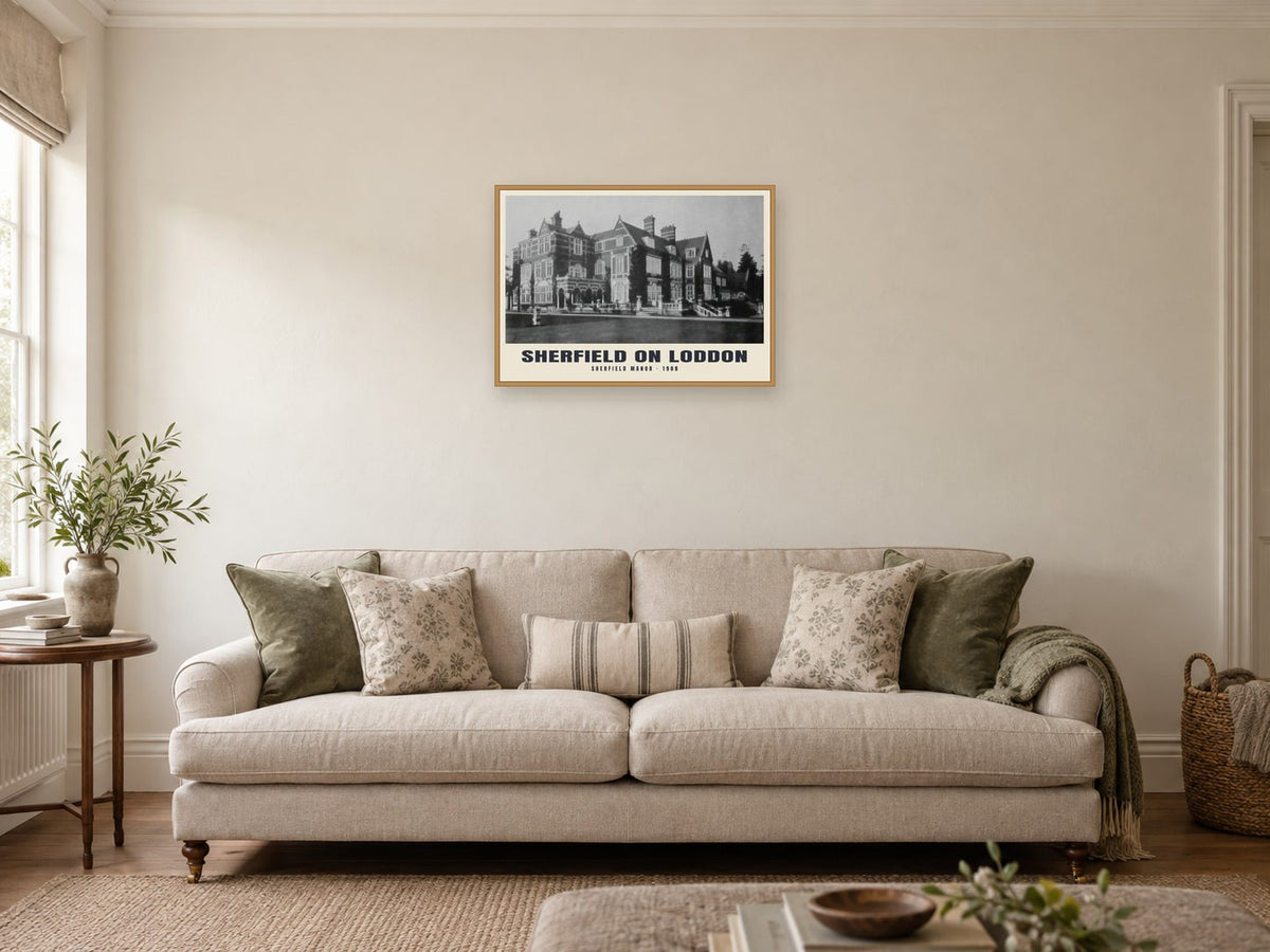 Sherfield Manor, Sherfield on Loddon Poster at A2, in an oak frame, in a sitting room
