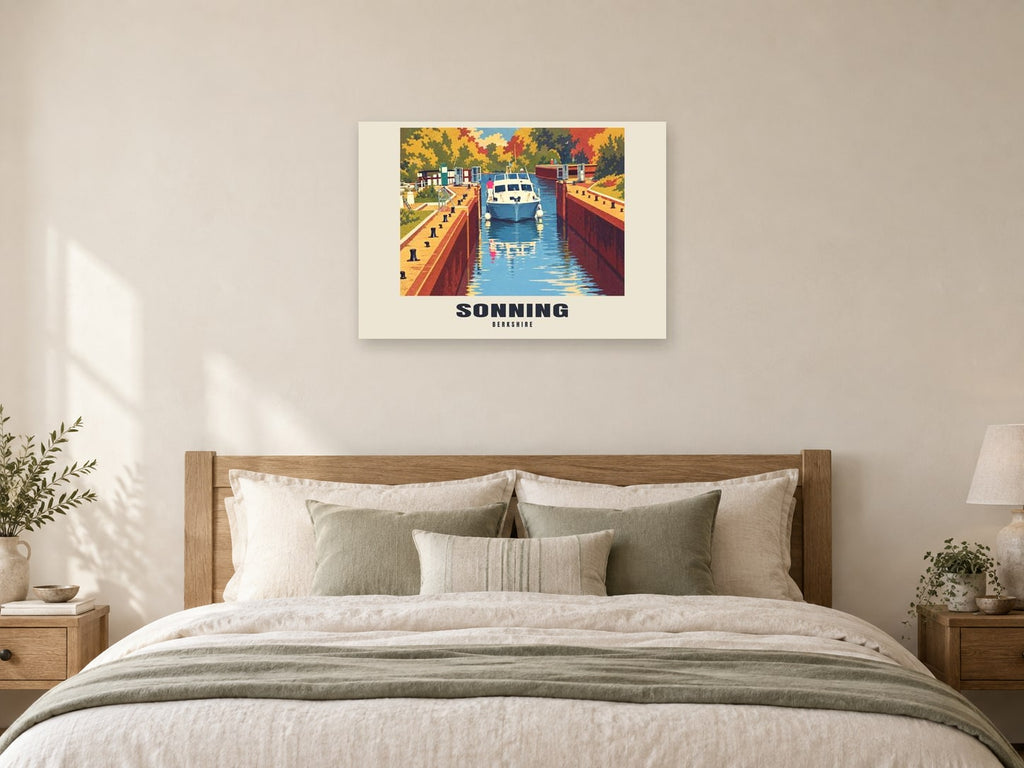 Sonning Poster — Sonning Lock at A1, as a poster, above a bed
