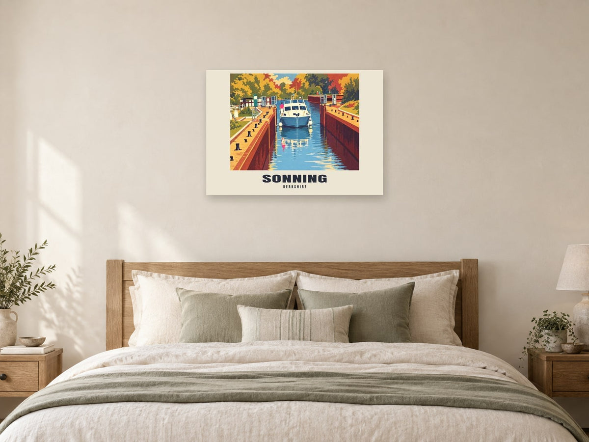 Sonning Poster — Sonning Lock at A1, as a poster, above a bed