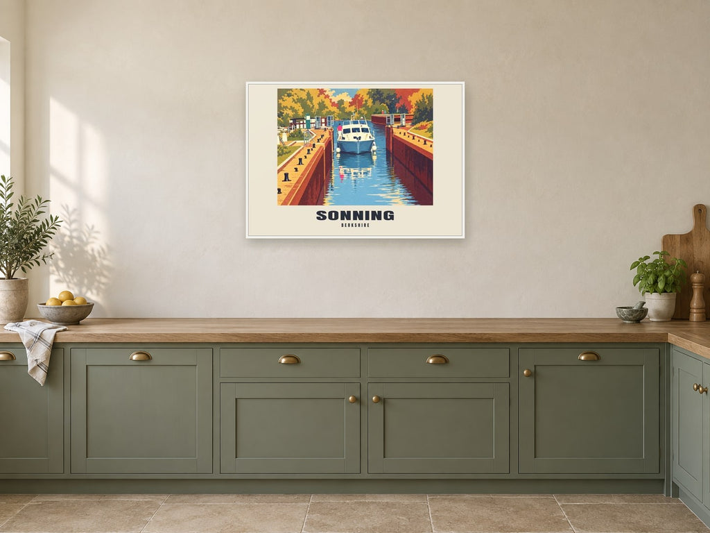 Sonning Poster — Sonning Lock at A1, in a white frame, in a kitchen