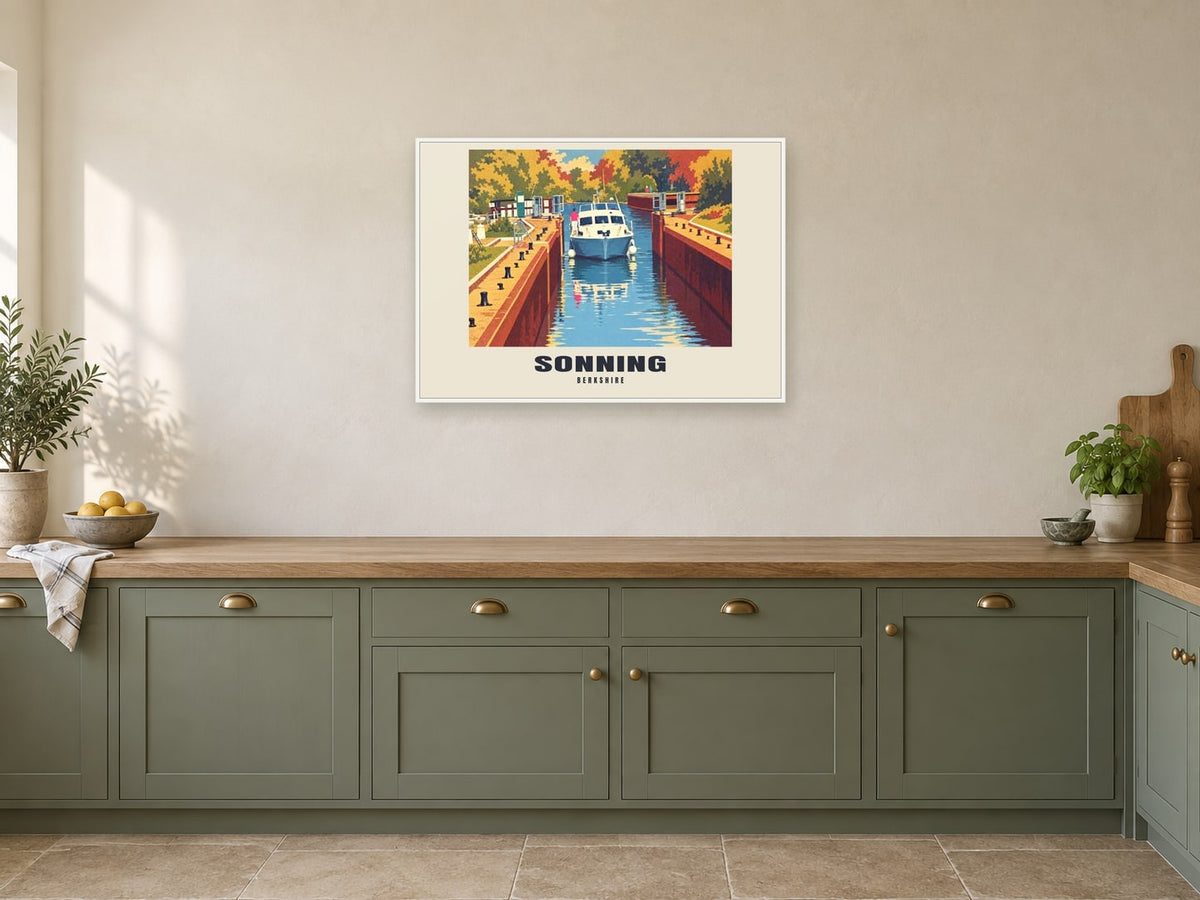Sonning Poster — Sonning Lock at A1, in a white frame, in a kitchen
