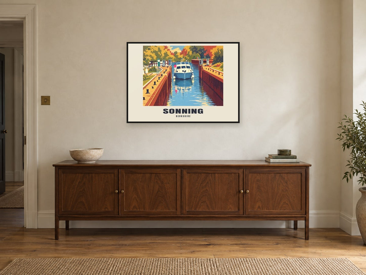 Sonning Poster — Sonning Lock at A1, in a black frame, above a sideboard