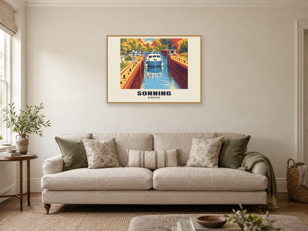 Sonning Poster — Sonning Lock at A1, in an oak frame, in a sitting room