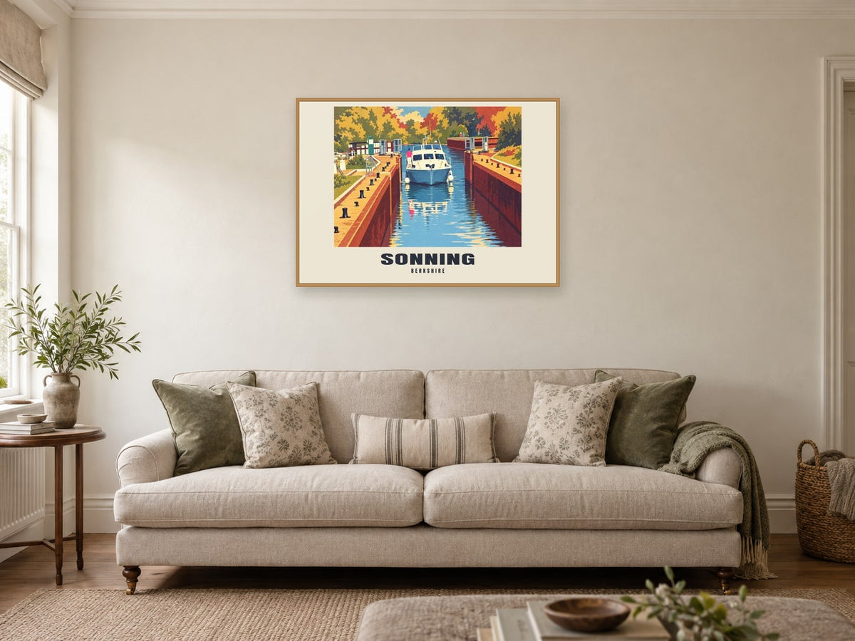 Sonning Poster — Sonning Lock at A1, in an oak frame, in a sitting room