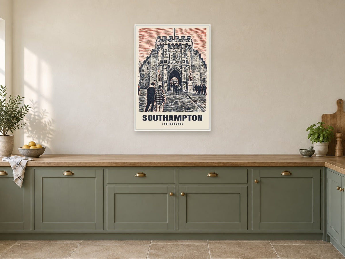 The Bargate, Southampton Poster at A1, in a white frame, in a kitchen