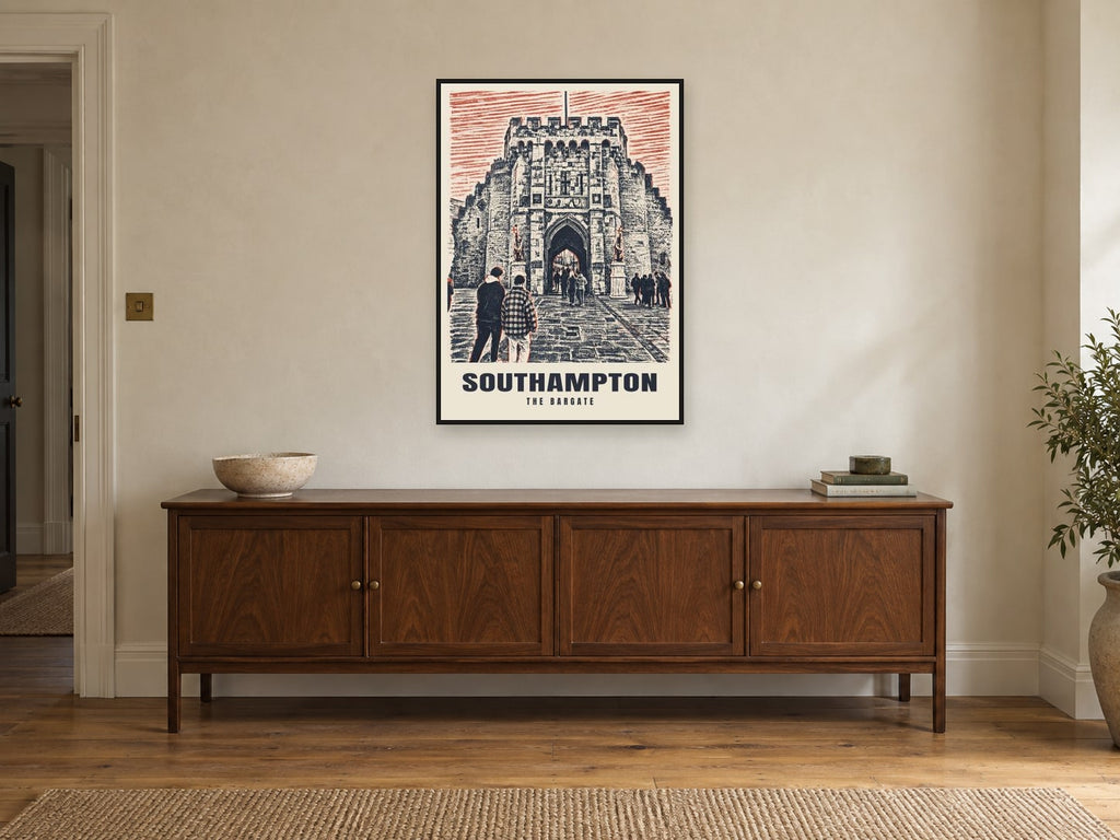 The Bargate, Southampton Poster at A1, in a black frame, above a sideboard