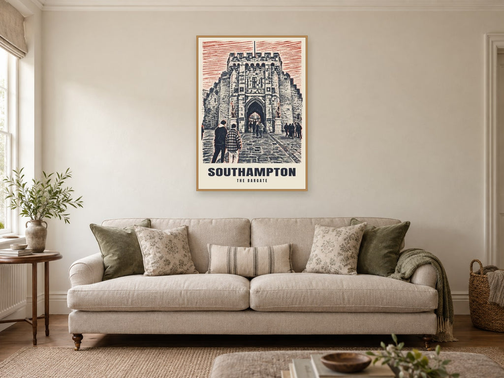 The Bargate, Southampton Poster at A1, in an oak frame, in a sitting room
