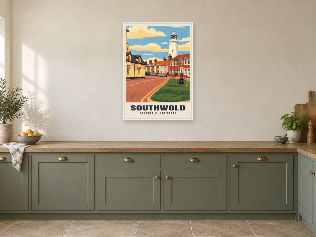 Southwold Lighthouse Poster at A1, in a white frame, in a kitchen
