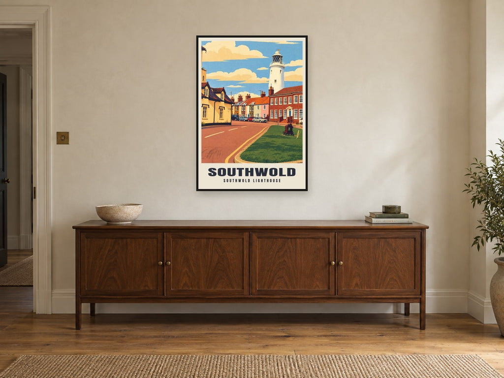 Southwold Lighthouse Poster at A1, in a black frame, above a sideboard