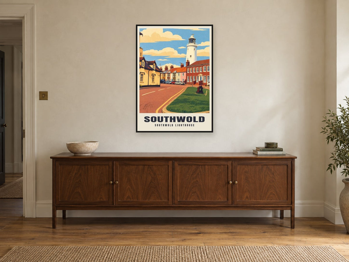 Southwold Lighthouse Poster at A1, in a black frame, above a sideboard