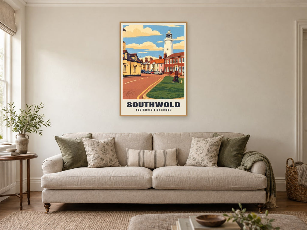 Southwold Lighthouse Poster at A1, in an oak frame, in a sitting room