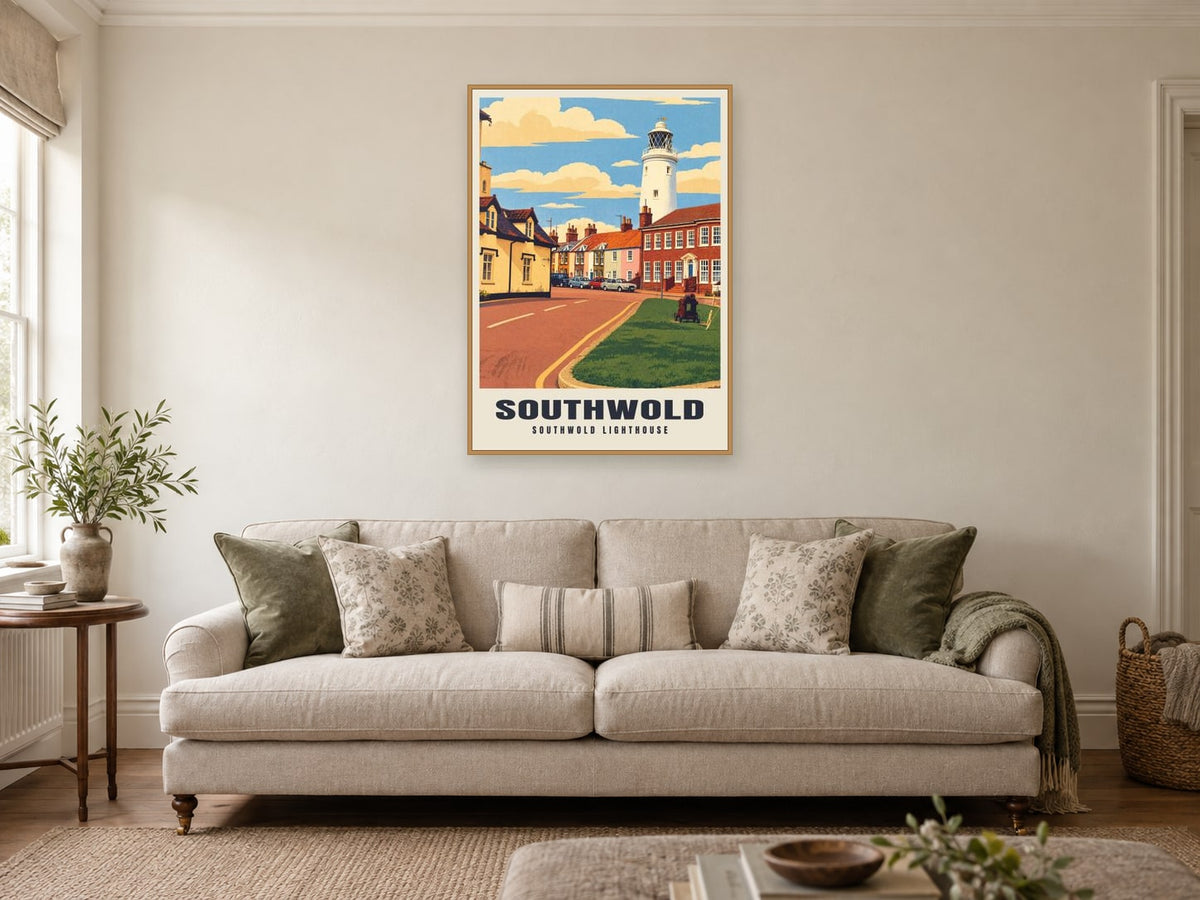 Southwold Lighthouse Poster at A1, in an oak frame, in a sitting room