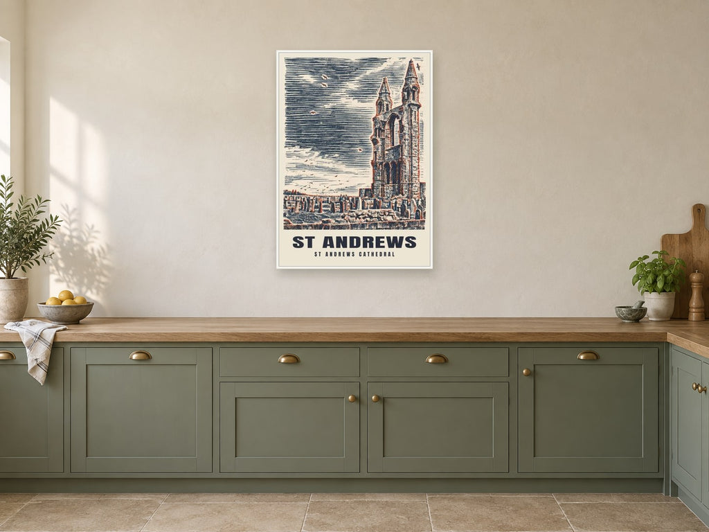 St Andrews Cathedral Poster at A1, in a white frame, in a kitchen