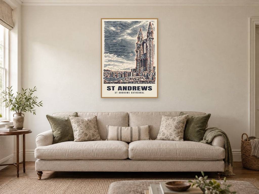 St Andrews Cathedral Poster at A1, in an oak frame, in a sitting room