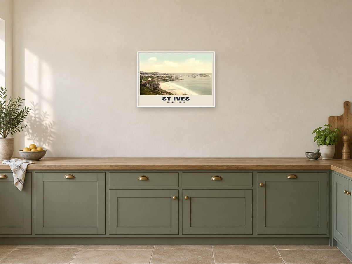 St Ives, 1890s Heritage Print at A2, in a white frame, in a kitchen