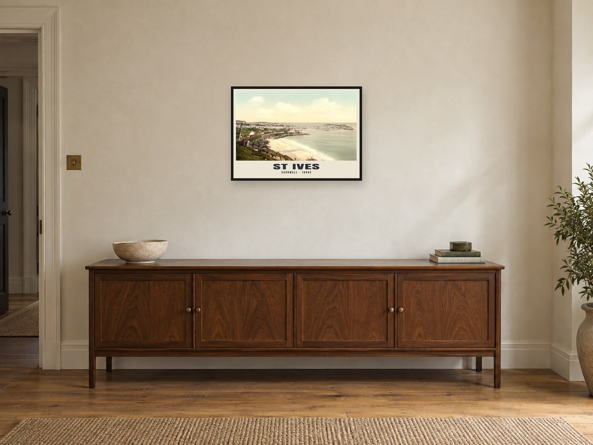 St Ives, 1890s Heritage Print at A2, in a black frame, above a sideboard