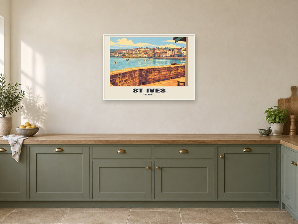 St Ives Poster — St Ives Harbour at A1, in a white frame, in a kitchen