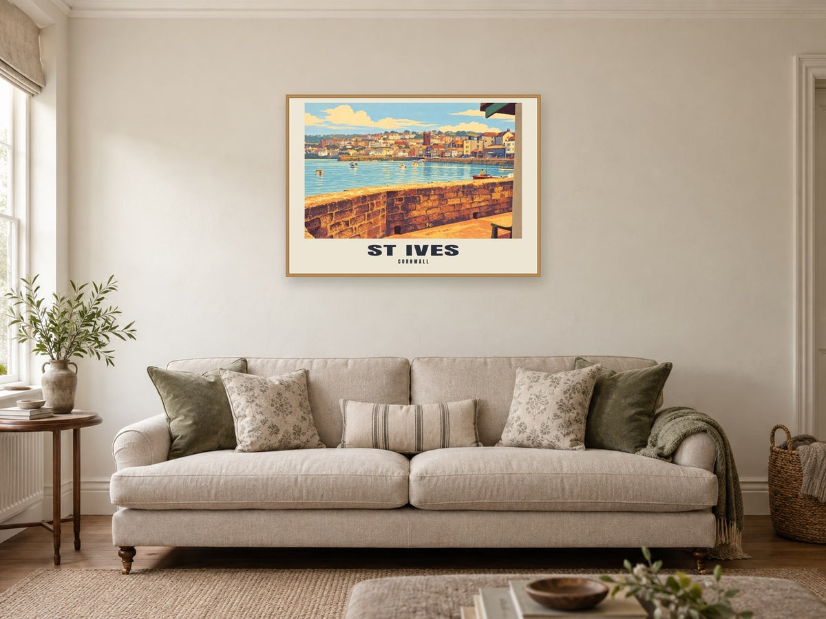 St Ives Poster — St Ives Harbour at A1, in an oak frame, in a sitting room
