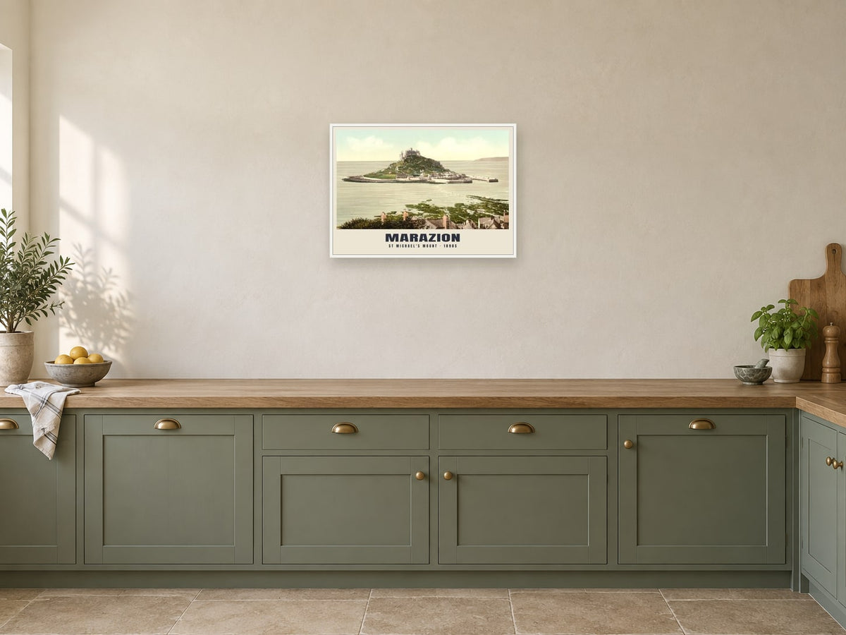 St Michael's Mount, Marazion, 1890s Heritage Print at A2, in a white frame, in a kitchen