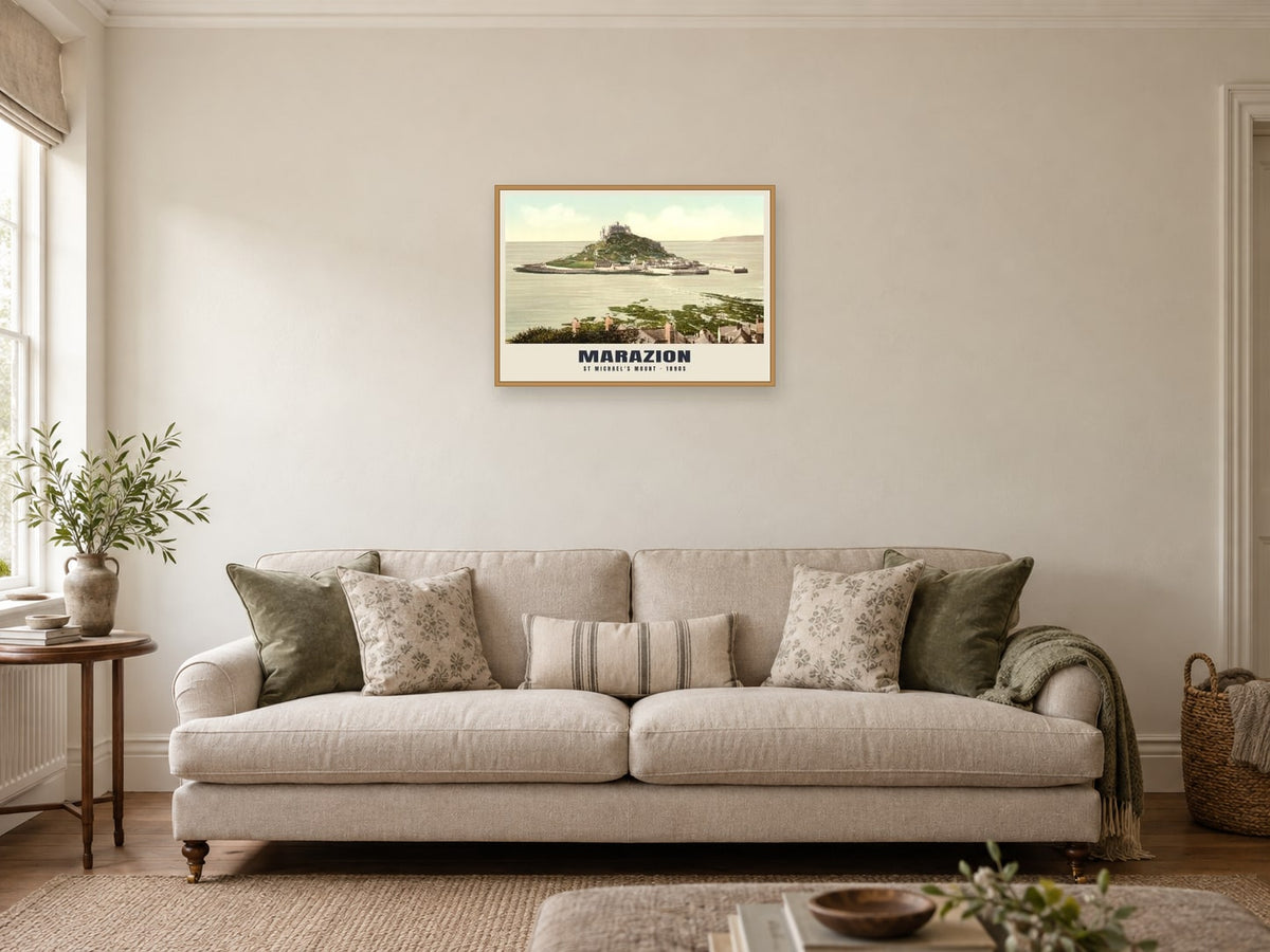 St Michael's Mount, Marazion, 1890s Heritage Print at A2, in an oak frame, in a sitting room