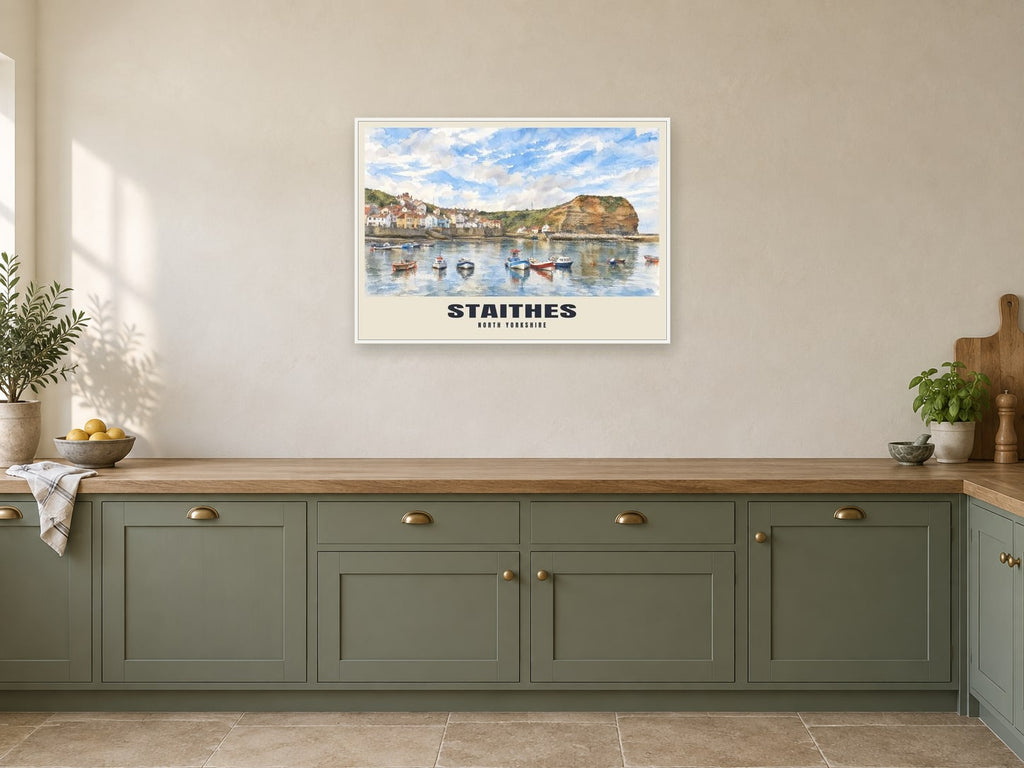 Staithes Poster at A1, in a white frame, in a kitchen