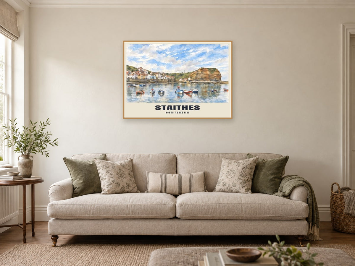 Staithes Poster at A1, in an oak frame, in a sitting room