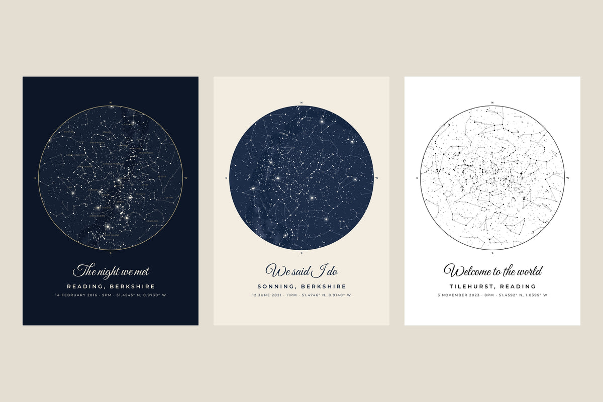 Three star map posters: the sky over Reading in the Midnight design, over Sonning in Harbour and over Tilehurst in Ink