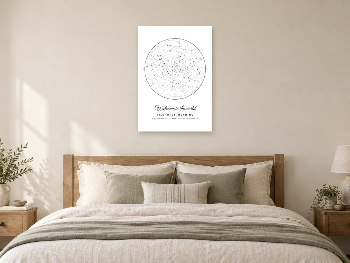 Star map of the sky over Tilehurst in the Ink design, as a poster, above a bed