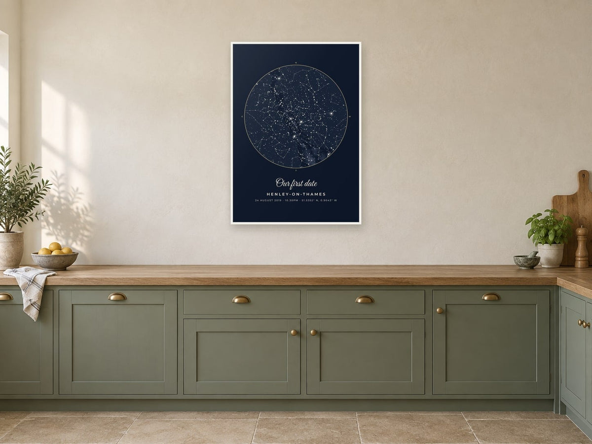 Star map of the sky over Henley-on-Thames in the Midnight design, in a white frame, in a kitchen