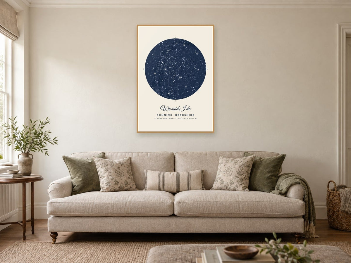 Star map of the sky over Sonning in the Harbour design, in an oak frame, in a sitting room