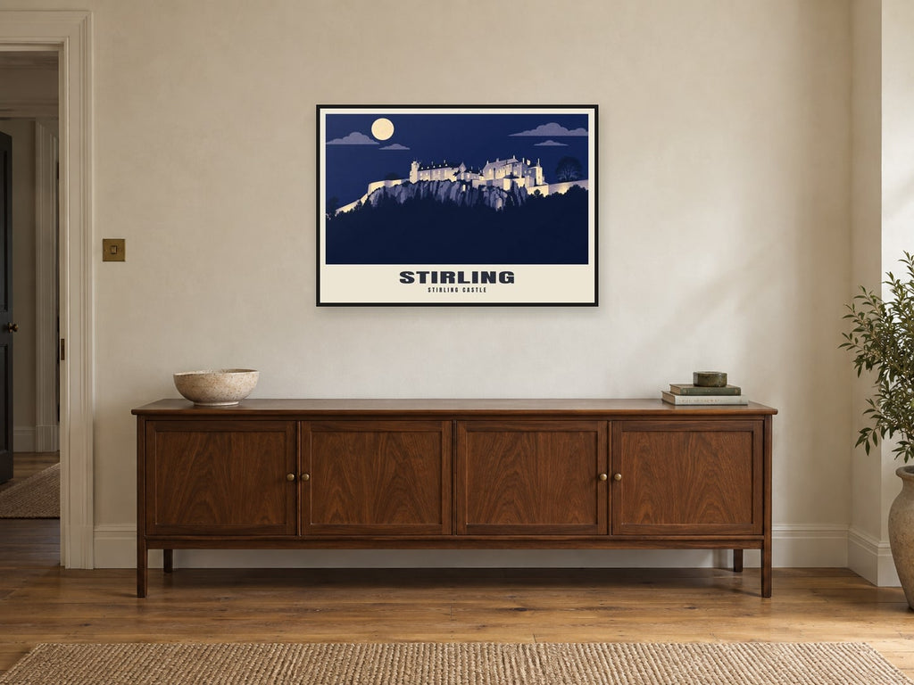 Stirling Castle Poster at A1, in a black frame, above a sideboard