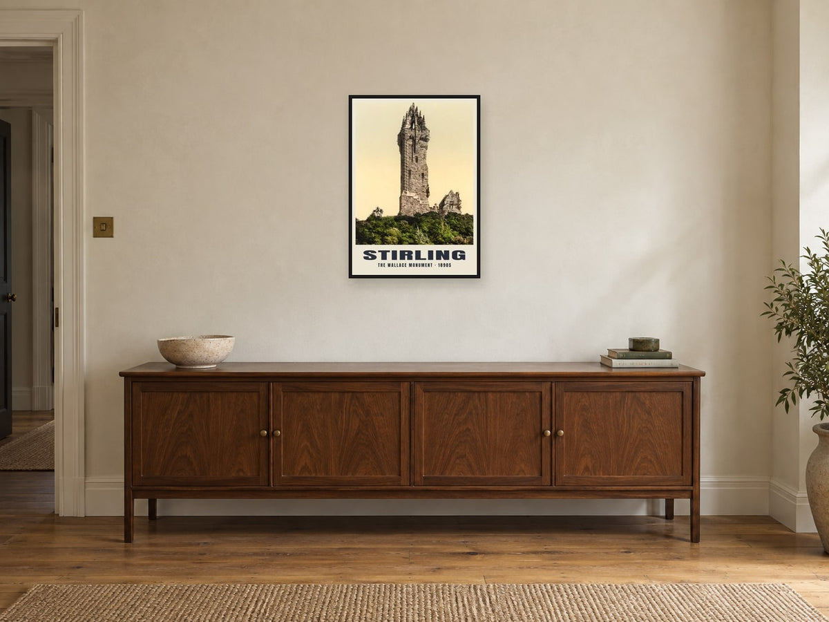 The Wallace Monument, Stirling Poster at A2, in a black frame, above a sideboard