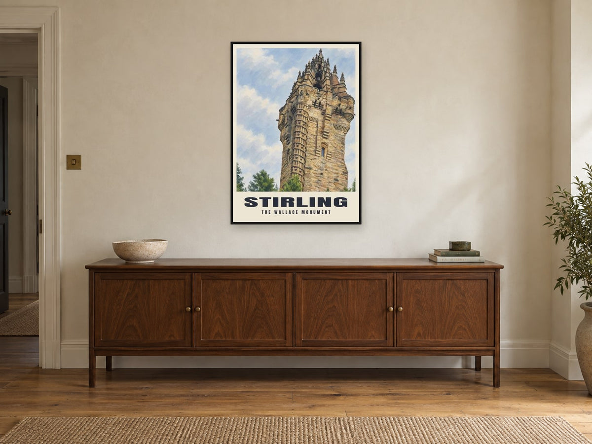 The Wallace Monument, Stirling Poster at A1, in a black frame, above a sideboard