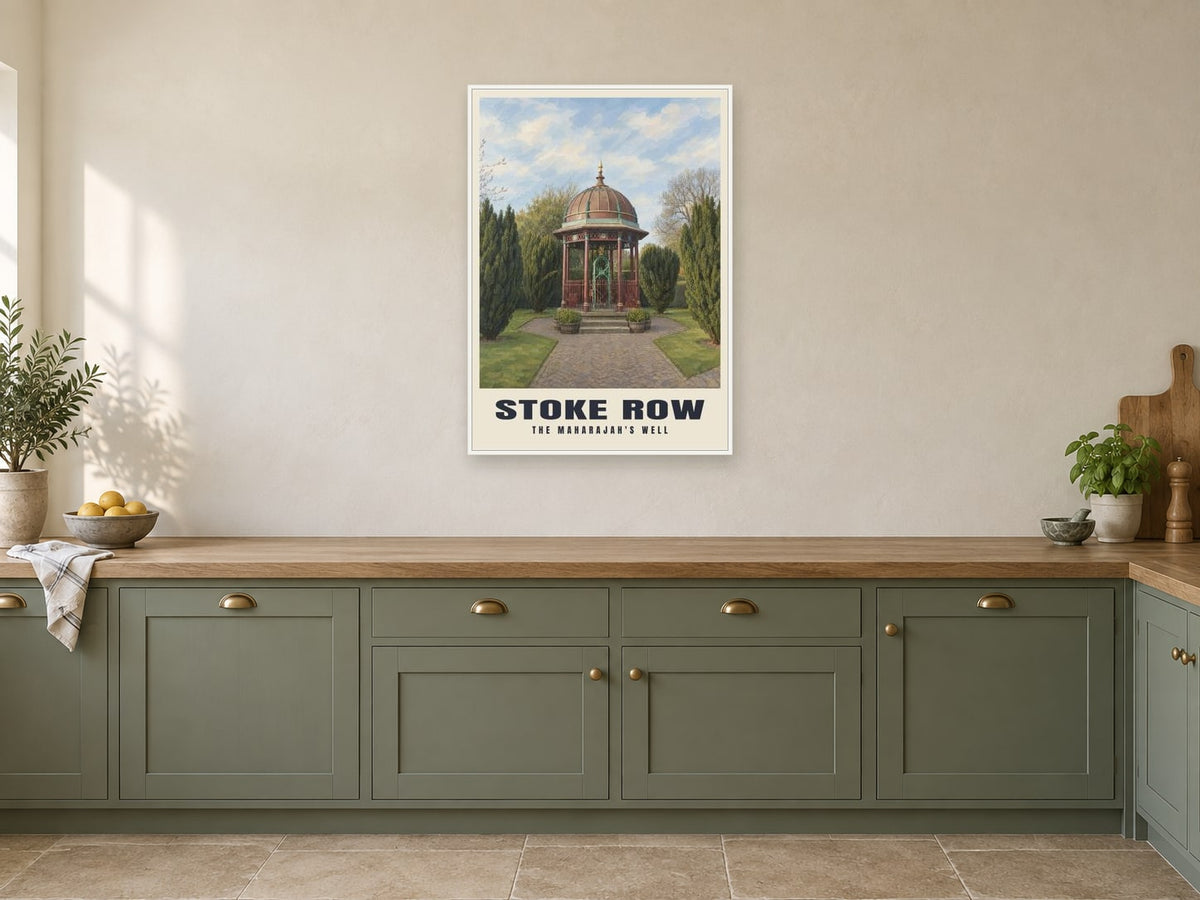 The Maharajah's Well, Stoke Row Poster at A1, in a white frame, in a kitchen