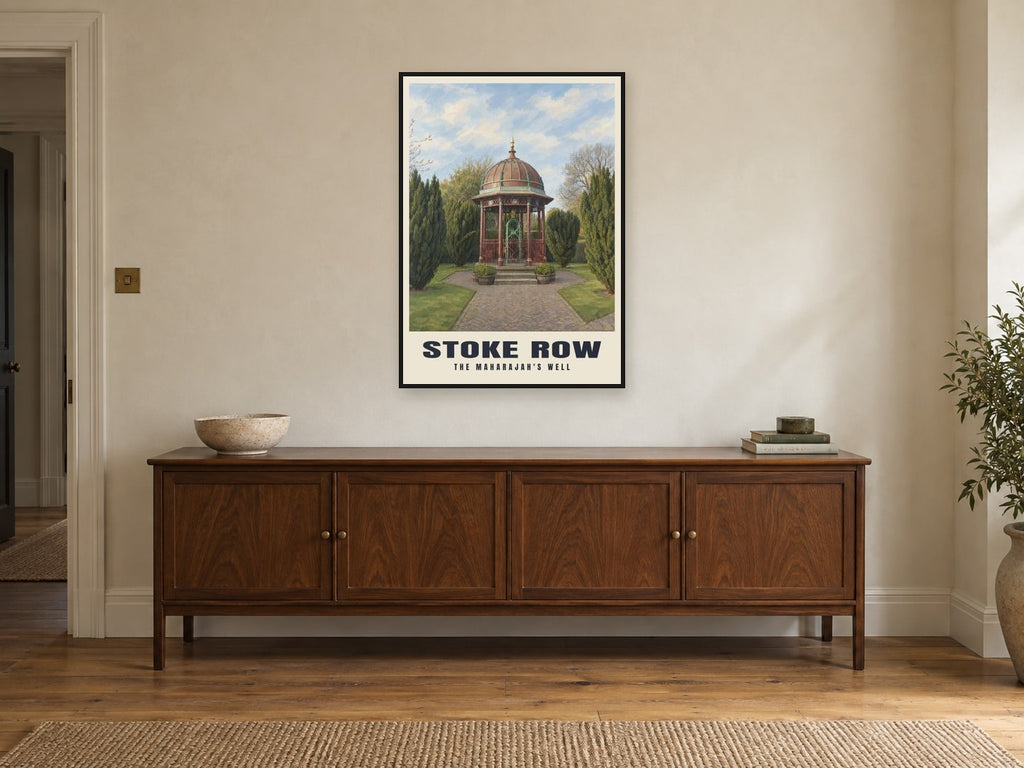 The Maharajah's Well, Stoke Row Poster at A1, in a black frame, above a sideboard