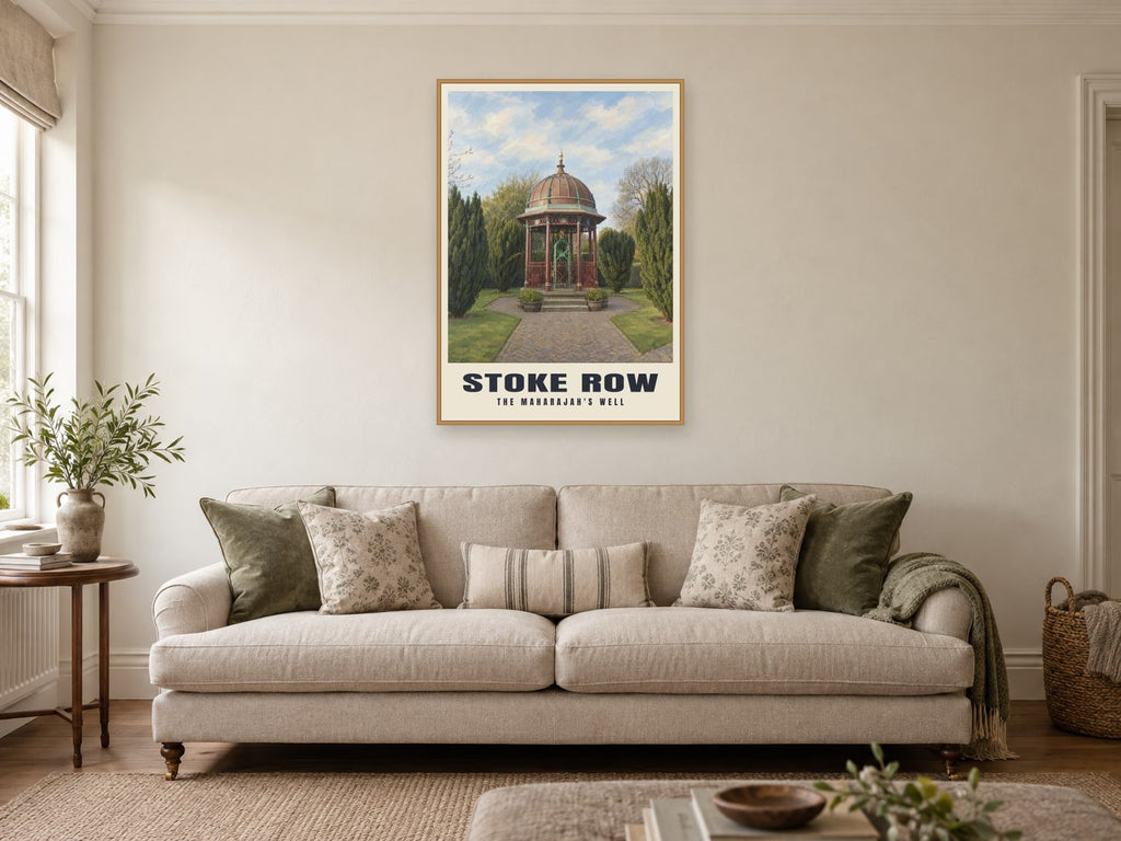 The Maharajah's Well, Stoke Row Poster at A1, in an oak frame, in a sitting room