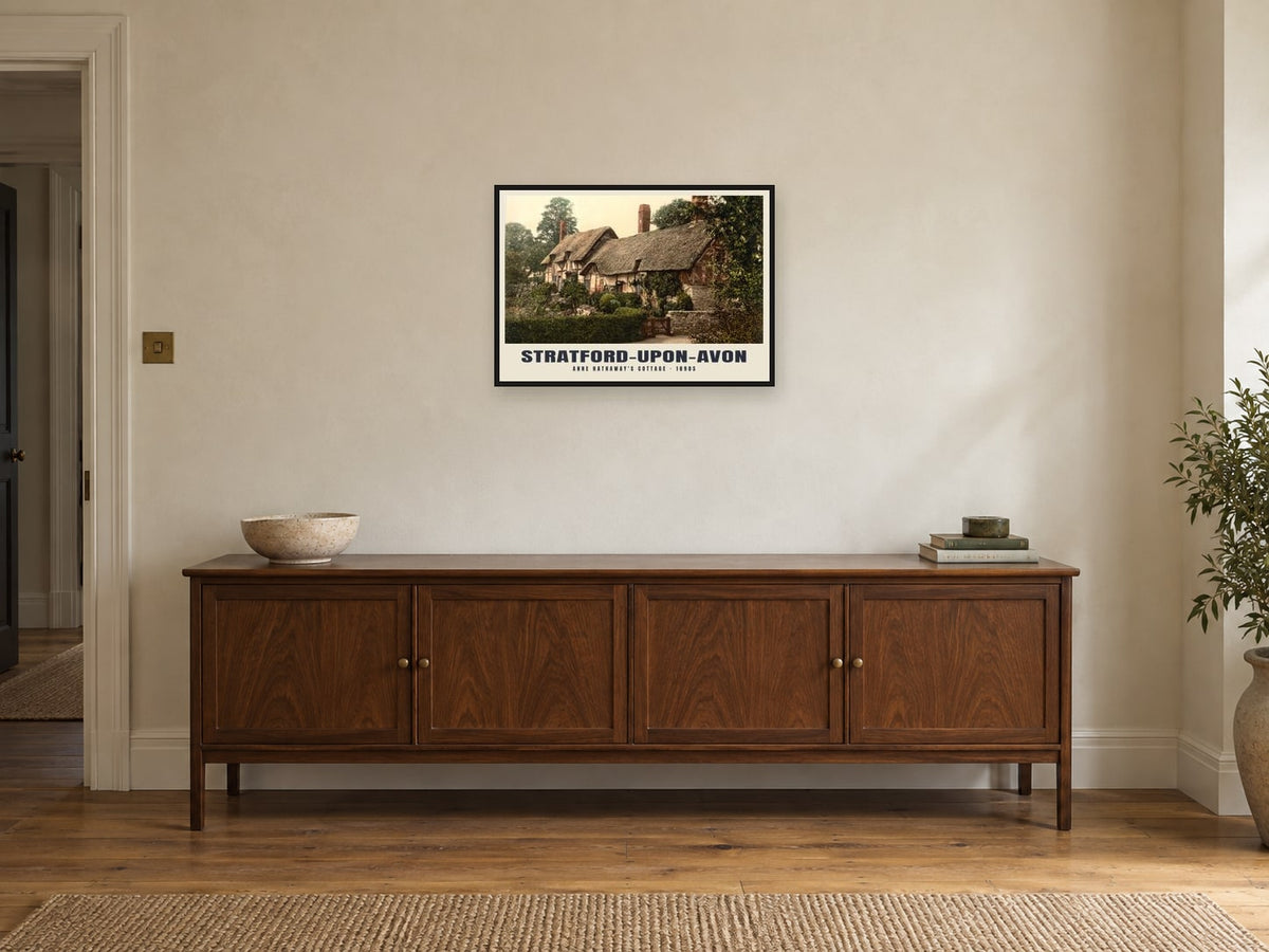 Anne Hathaway's Cottage, Stratford-upon-Avon, 1890s Heritage Print at A2, in a black frame, above a sideboard