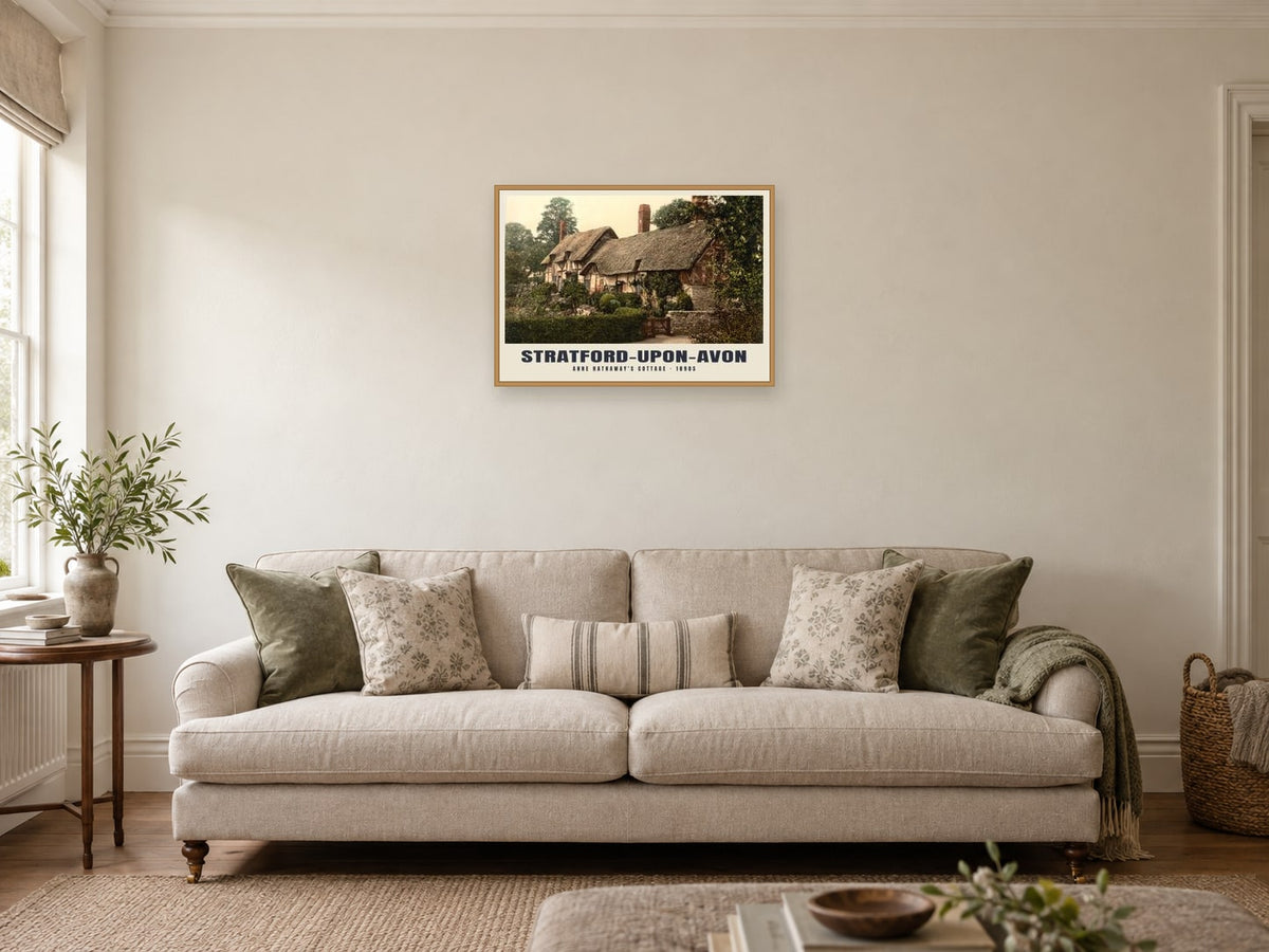Anne Hathaway's Cottage, Stratford-upon-Avon, 1890s Heritage Print at A2, in an oak frame, in a sitting room