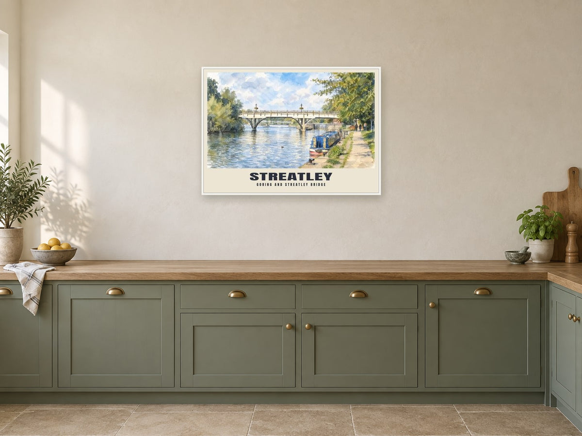 Goring and Streatley Bridge Poster at A1, in a white frame, in a kitchen