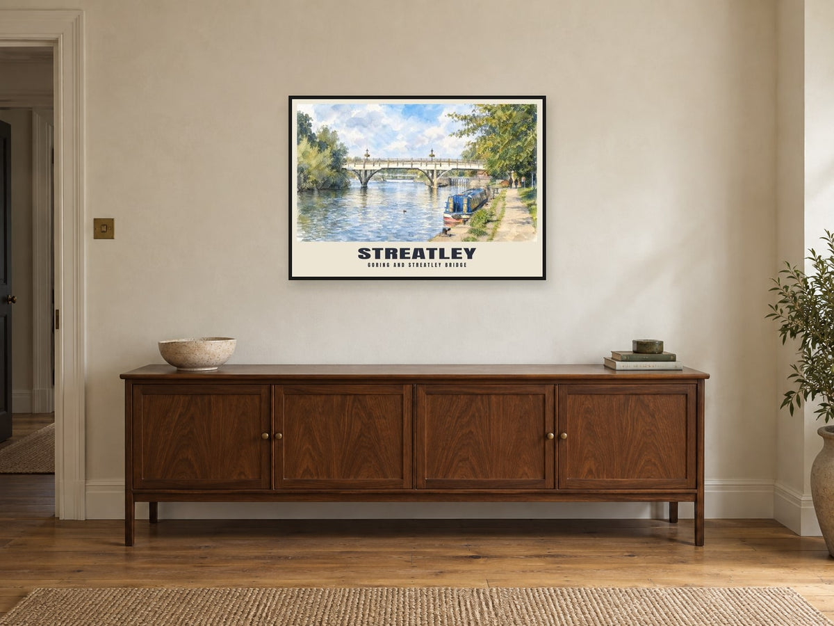Goring and Streatley Bridge Poster at A1, in a black frame, above a sideboard