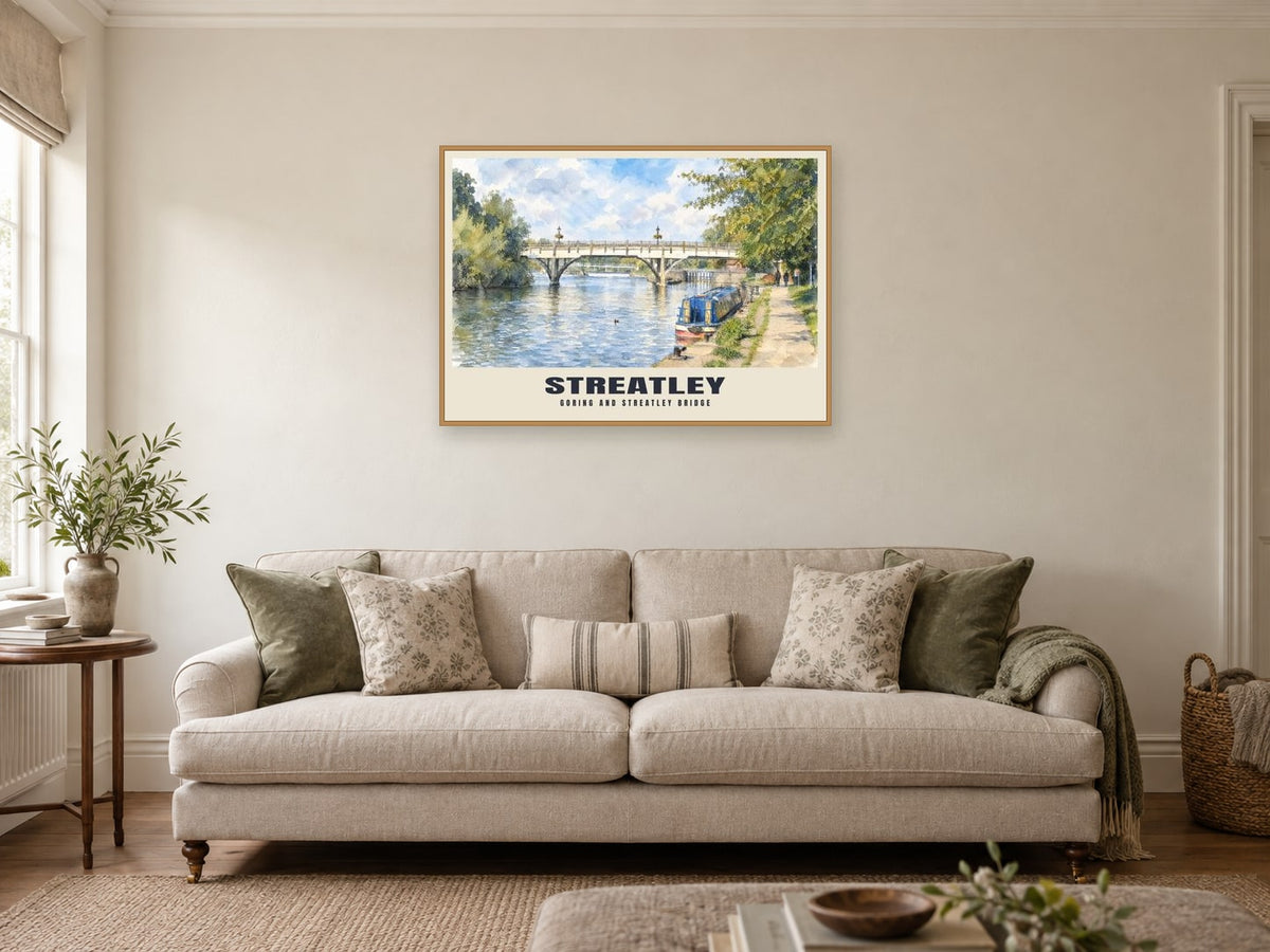 Goring and Streatley Bridge Poster at A1, in an oak frame, in a sitting room