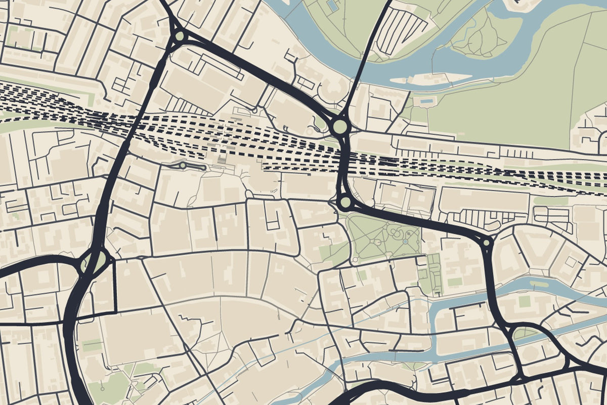 Close-up of the Reading street map at full print size, around the railway station and the River Kennet