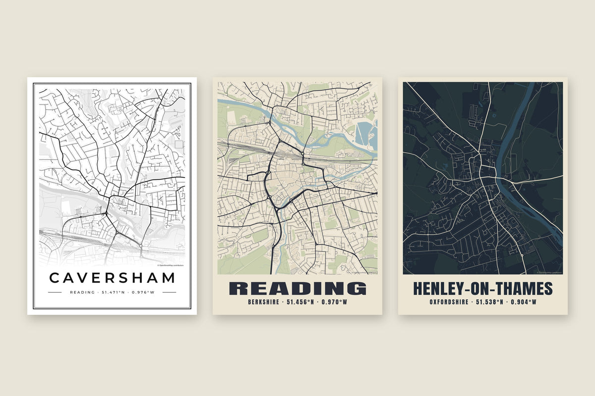 Three street map posters: Caversham in the Classic design, Reading in Heritage and Henley-on-Thames in Midnight