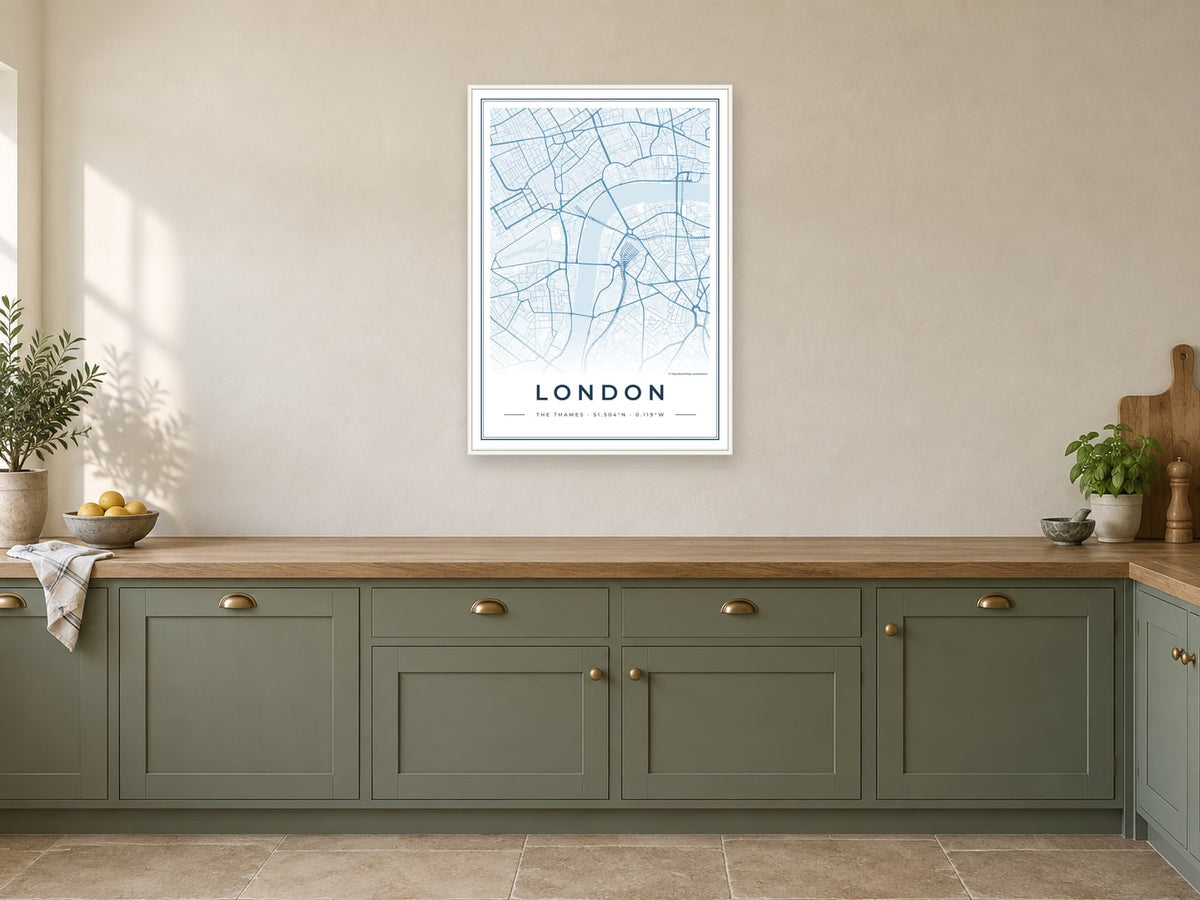 Central London street map in the Harbour design, in a white frame, in a kitchen