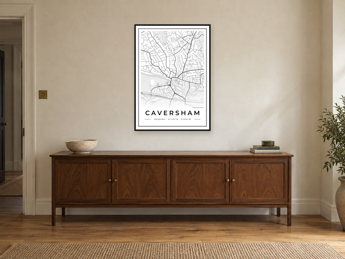 Caversham street map in the Classic design, in a black frame, above a sideboard