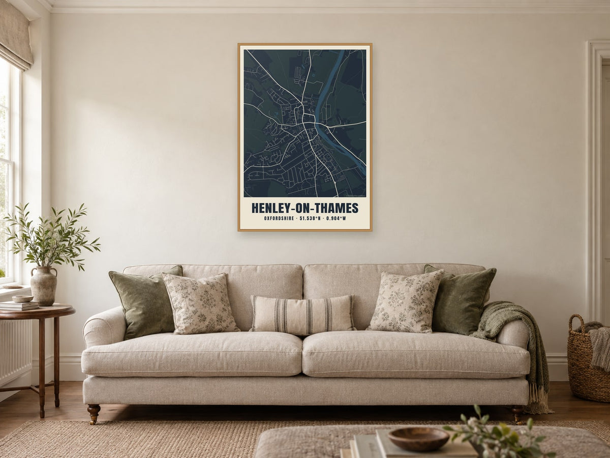 Henley-on-Thames street map in the Midnight design, in an oak frame, in a sitting room