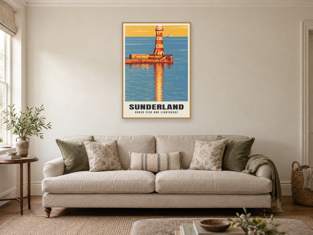 Roker Pier and lighthouse, Sunderland Poster at A1, in an oak frame, in a sitting room