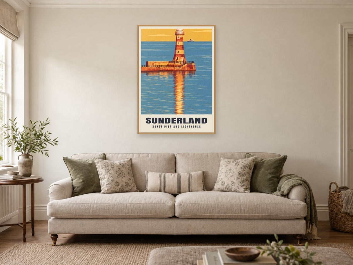 Roker Pier and lighthouse, Sunderland Poster at A1, in an oak frame, in a sitting room